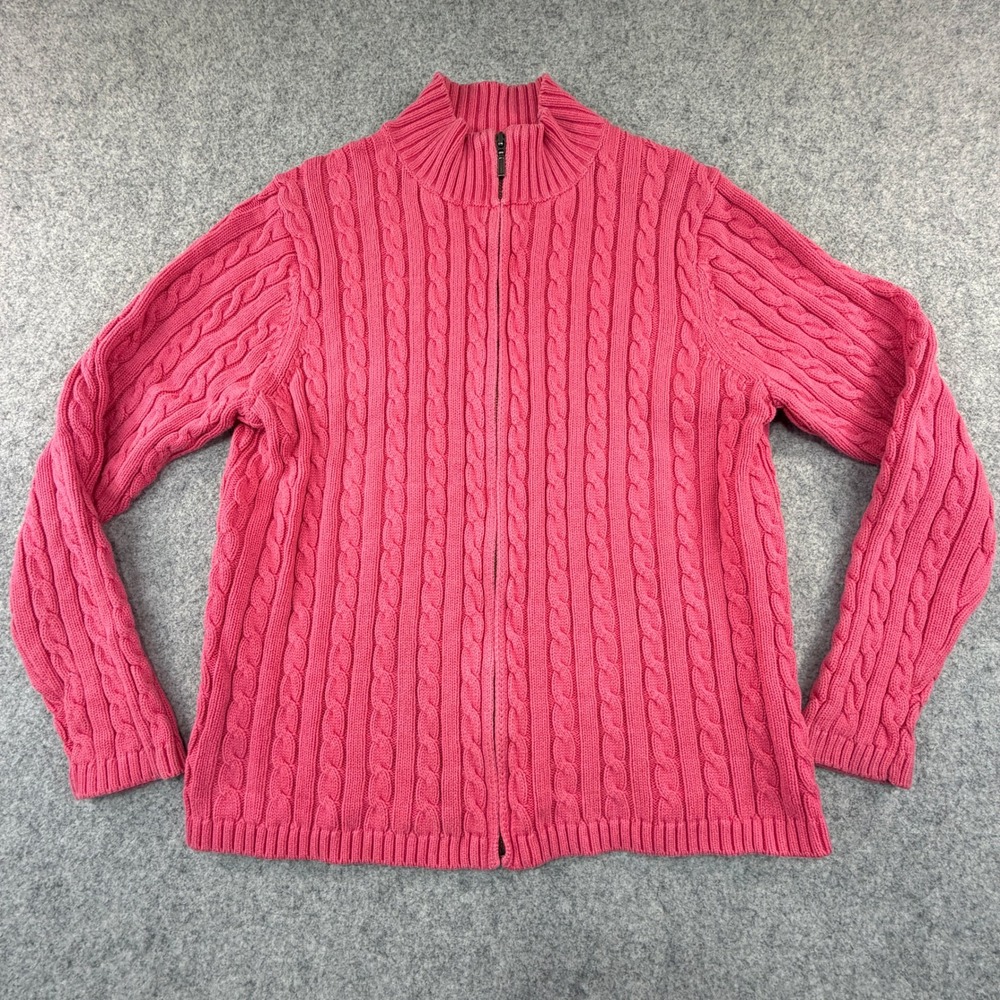 LL Bean Womens XL Pink Cable Knit Full Zip Cotton Cardigan Sweater 243978